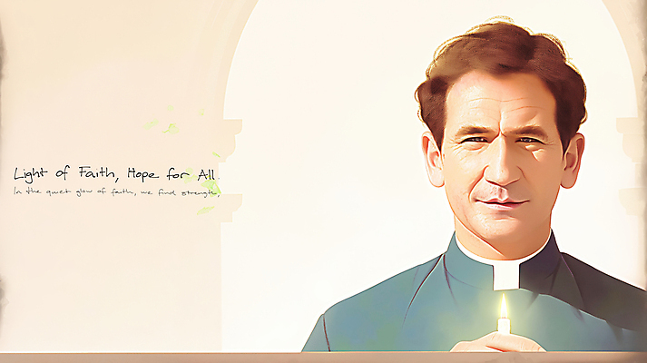 JPG 남자 중년 일러스트 촛불 한명 미소 들기 상반신 믿음 천주교 성직자 베이지색 사제 사제복 신부복 신부님 중년남자한명만 국내일러스트 AI일러스트 AI콘텐츠 1 감정 종교 컬러 초 모션 표정 사람 성인 남자한명만 중년남자만 파일형식