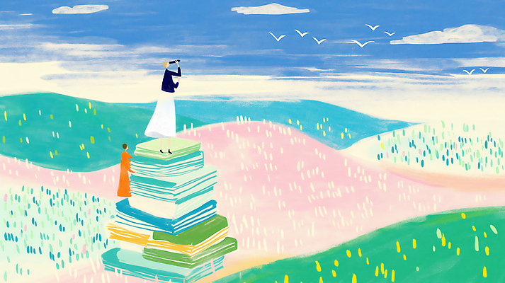 JPG 전신 구름 여자 일러스트 자연 하늘 풍경 성인 두명 독서 꿈 자유 교양 성장 정상 언덕 탐색 새떼 상상력 창의력 찾기 책더미 성인여자만 국내일러스트 AI일러스트 AI콘텐츠 자연요소 컨셉 모션 조류 사람 책 생태계 무더기 여자만 성인만 파일형식