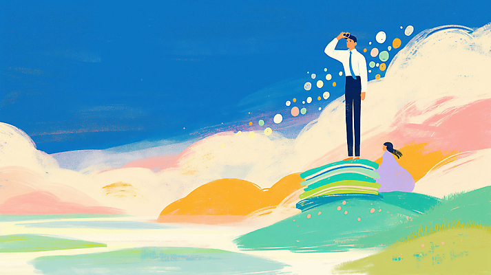 JPG 전신 구름 여자 남자 일러스트 자연 하늘 풍경 정장 성인 두명 독서 손들기 꿈 자유 교양 성장 정상 탐색 상상력 창의력 찾기 책더미 성인만 국내일러스트 AI일러스트 AI콘텐츠 자연요소 옷 컨셉 모션 사람 책 생태계 무더기 파일형식