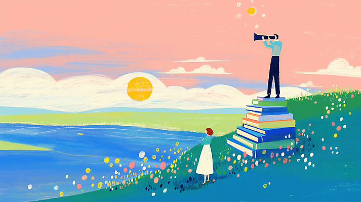 JPG 전신 구름 여자 남자 일러스트 자연 하늘 들기 풍경 초원 성인 두명 독서 태양 노을 망원경 꿈 자유 교양 성장 정상 언덕 탐색 상상력 창의력 찾기 책더미 성인만 국내일러스트 AI일러스트 AI콘텐츠 자연요소 컨셉 모션 사람 책 생태계 무더기 파일형식