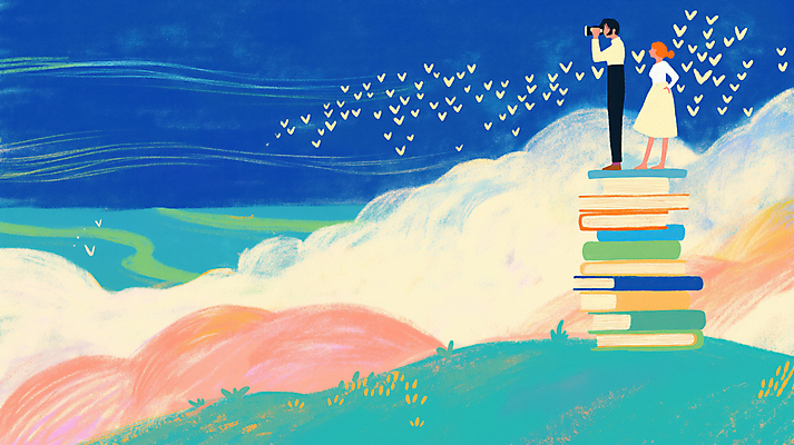 JPG 전신 구름 여자 남자 허리손 일러스트 자연 하늘 들기 풍경 성인 두명 독서 망원경 꿈 자유 교양 성장 정상 탐색 새떼 상상력 창의력 찾기 책더미 성인만 국내일러스트 AI일러스트 AI콘텐츠 자연요소 포즈 컨셉 모션 조류 사람 책 생태계 무더기 파일형식