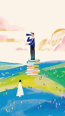 JPG 전신 구름 여자 남자 일러스트 자연 하늘 들기 풍경 성인 두명 독서 망원경 꿈 자유 교양 성장 정상 언덕 탐색 상상력 창의력 찾기 책더미 성인만 국내일러스트 AI일러스트 AI콘텐츠 자연요소 컨셉 모션 사람 책 생태계 무더기 파일형식