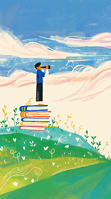 JPG 전신 구름 남자 일러스트 자연 하늘 한명 들기 풍경 성인 독서 망원경 꿈 자유 교양 성장 풀 정상 언덕 탐색 상상력 창의력 찾기 책더미 성인남자한명만 국내일러스트 AI일러스트 AI콘텐츠 자연요소 식물 1 컨셉 모션 사람 책 생태계 무더기 남자한명만 성인남자만 파일형식