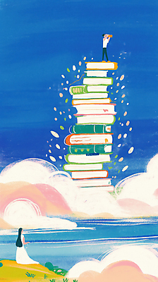 JPG 전신 구름 여자 남자 바다 일러스트 자연 하늘 들기 풍경 성인 두명 독서 망원경 꿈 자유 교양 성장 정상 탐색 상상력 창의력 찾기 책더미 성인만 국내일러스트 AI일러스트 AI콘텐츠 자연요소 컨셉 모션 사람 책 생태계 무더기 파일형식