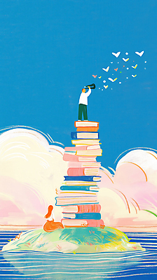 JPG 전신 구름 여자 남자 바다 섬 일러스트 자연 하늘 들기 앉기 풍경 성인 두명 독서 반사 망원경 꿈 자유 교양 성장 수면 정상 탐색 새떼 상상력 창의력 찾기 책더미 성인만 국내일러스트 AI일러스트 AI콘텐츠 자연요소 컨셉 모션 조류 사람 책 물 생태계 무더기 파일형식