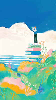 JPG 전신 구름 남자 잎 일러스트 자연 하늘 한명 들기 풍경 성인 독서 망원경 꿈 자유 교양 성장 풀 정상 탐색 상상력 창의력 찾기 책더미 성인남자한명만 국내일러스트 AI일러스트 AI콘텐츠 자연요소 식물 1 컨셉 모션 사람 책 생태계 무더기 남자한명만 성인남자만 파일형식