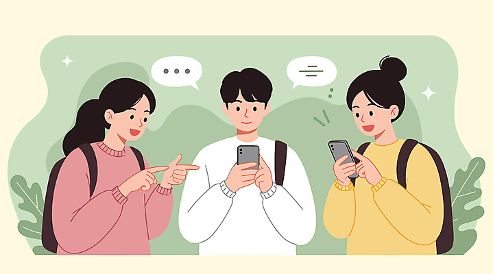 여자 교육 남자 대학생 말풍선 일러스트 배낭 자연 미소 들기 상반신 성인 세명 반짝임 스마트폰 캠퍼스라이프 가리킴 대학교 성인만 국내일러스트 AI파일 학생 라이프스타일 가방 학교 모션 표정 사람 손짓 핸드폰 스마트기기 생태계 파일형식 벡터