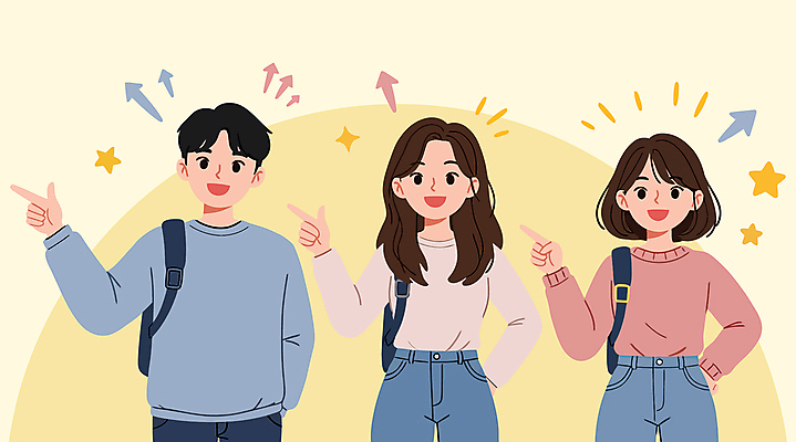 여자 남자 행복 화살표 대학생 허리손 일러스트 배낭 이야기 미소 성인 세명 반짝임 노란색 캠퍼스라이프 모임 가리킴 대학교 성인만 국내일러스트 AI파일 학생 라이프스타일 감정 컬러 포즈 가방 학교 모션 표정 사람 손짓 파일형식 벡터