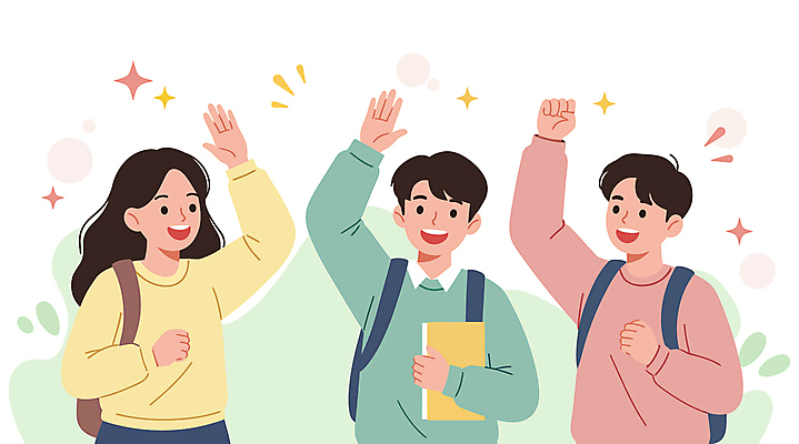 여자 교육 남자 대학생 일러스트 배낭 교재 들기 상반신 성인 책 세명 반짝임 손들기 캠퍼스라이프 손인사 하이파이브 활기 성인만 국내일러스트 AI파일 학생 라이프스타일 컨셉 가방 모션 사람 손짓 인사 파일형식 벡터