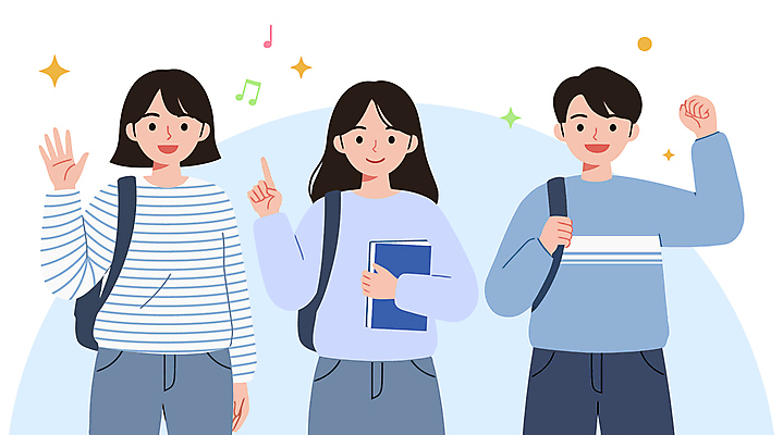 여자 남자 대학생 하늘색 음표 일러스트 배낭 교재 미소 들기 성인 책 세명 반짝임 캠퍼스라이프 파이팅 가리킴 잡기 즐거움 손인사 성인만 국내일러스트 AI파일 학생 라이프스타일 기호 교육 감정 음악 가방 모션 표정 사람 손짓 파란색 인사 파일형식 벡터
