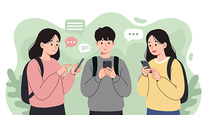 여자 남자 대학생 말풍선 일러스트 배낭 함께함 들기 성인 세명 스마트폰 캠퍼스라이프 대학교 소통 채팅 성인만 국내일러스트 AI파일 학생 라이프스타일 컨셉 가방 학교 모션 사람 핸드폰 스마트기기 파일형식 벡터