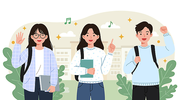 여자 남자 대학생 음표 일러스트 배낭 교재 들기 성인 세명 반짝임 캠퍼스라이프 파이팅 가리킴 대학교 손인사 활기 성인만 안경낌 국내일러스트 AI파일 학생 라이프스타일 기호 교육 안경 음악 컨셉 가방 학교 모션 사람 손짓 인사 파일형식 벡터