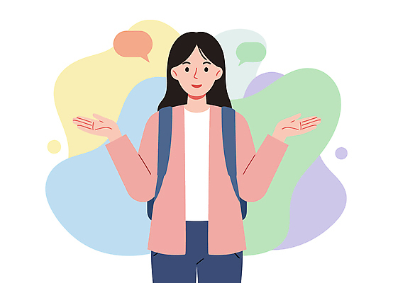 여자 대학생 말풍선 일러스트 배낭 설명 한명 미소 성인 컬러풀 손들기 캠퍼스라이프 에너지 성장 자신감 긍정적 성인여자한명만 국내일러스트 AI파일 1 학생 라이프스타일 감정 컬러 가방 모션 표정 사람 여자한명만 성인여자만 파일형식 벡터