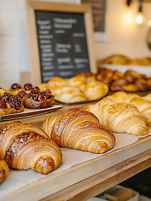 JPG 편집이미지 디저트 사람없음 갈색 카페 빵집 아침식사 크루아상 브런치 메뉴판 일렬 매대 페스츄리 종이호일 편집실사 AI포토 AI콘텐츠 음식 빵 컬러 상점 식사 CG 파일형식
