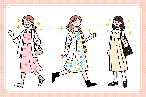 전신 원피스 여자 꽃무늬 일러스트 성인 캐주얼 세명 반짝임 손들기 걷기 눈감음 잡기 카디건 손인사 숄더백 코디 연분홍색 스타일 성인여자만 일러캐릭터 AI파일 캐릭터 옷 패션 꽃 분홍색 무늬 가방 모션 사람 외투 인사 여자만 성인만 파일형식 벡터