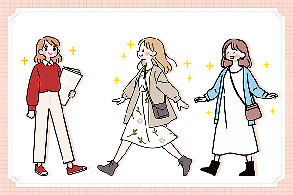 전신 원피스 여자 꽃무늬 일러스트 들기 성인 캐주얼 세명 반짝임 걷기 신문 카디건 크로스백 코디 연분홍색 스타일 성인여자만 일러캐릭터 AI파일 캐릭터 옷 패션 꽃 분홍색 무늬 가방 모션 사람 간행물 외투 뉴스 여자만 성인만 파일형식 벡터