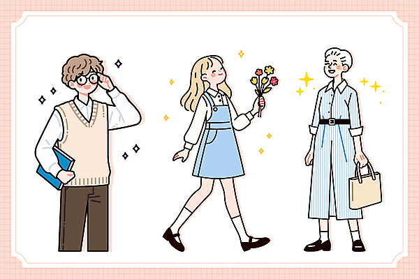 전신 여자 노년 남자 꽃다발 일러스트 들기 성인 책 캐주얼 세명 반짝임 핸드백 코트 벨트 잡기 코디 멜빵치마 연분홍색 스타일 안경낌 일러캐릭터 AI파일 캐릭터 잡화 옷 패션 꽃 안경 분홍색 가방 모션 사람 치마 외투 멜빵 파일형식 벡터