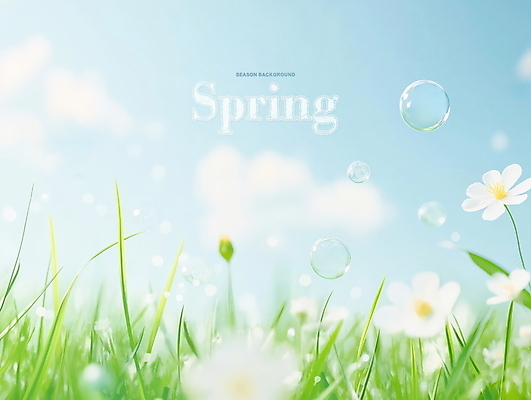 PSD 구름 하늘색 꽃밭 일러스트 자연 하늘 잔디 사람없음 맑음 봄풍경 물방울 비눗방울 데이지 화창 국내일러스트 자연요소 식물 꽃 날씨 풍경 파란색 봄 생태계 파일형식