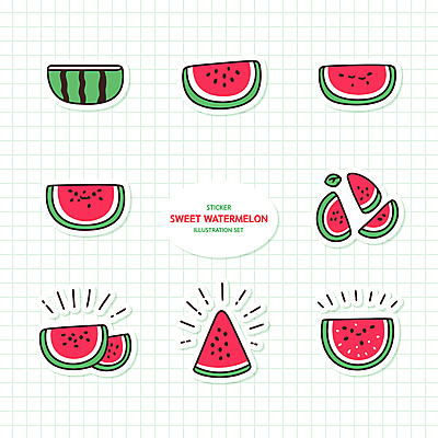 스티커 일러스트 단면 수박 사람없음 여름 세트 달콤 수박조각 국내일러스트 AI파일 계절 조각 과일 맛 파일형식 벡터