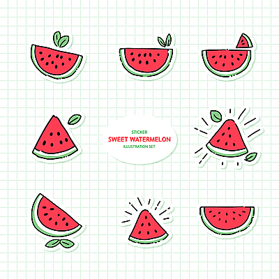 스티커 잎 일러스트 단면 수박 사람없음 여름 세트 달콤 수박조각 국내일러스트 AI파일 식물 계절 조각 과일 맛 파일형식 벡터
