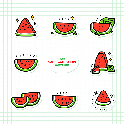 스티커 잎 일러스트 단면 수박 사람없음 여름 반짝임 세트 달콤 수박조각 국내일러스트 AI파일 식물 계절 조각 과일 모션 맛 파일형식 벡터