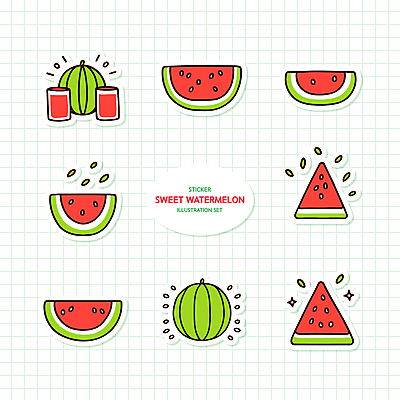 스티커 잎 일러스트 단면 잔 수박 사람없음 여름 세트 달콤 수박조각 수박주스 국내일러스트 AI파일 식물 식기 계절 조각 과일 맛 과일주스 파일형식 벡터