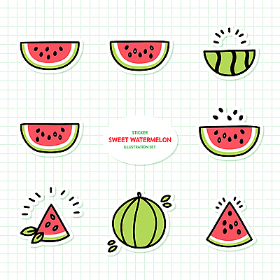 스티커 잎 일러스트 단면 수박 사람없음 여름 세트 달콤 수박씨 수박조각 국내일러스트 AI파일 식물 계절 조각 과일 씨앗 맛 파일형식 벡터
