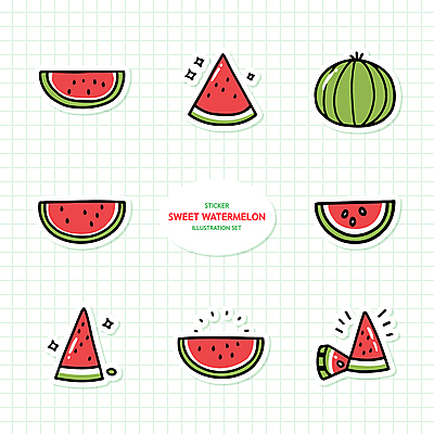 스티커 일러스트 단면 수박 사람없음 여름 반짝임 세트 달콤 수박조각 국내일러스트 AI파일 계절 조각 과일 모션 맛 파일형식 벡터