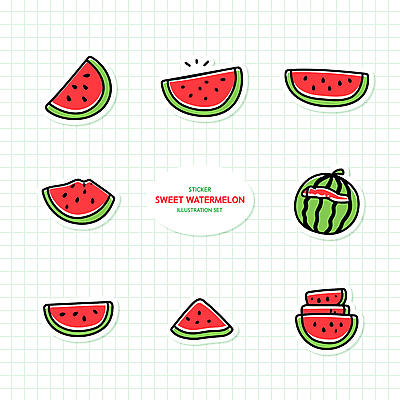 스티커 일러스트 단면 수박 사람없음 여름 세트 달콤 수박조각 국내일러스트 AI파일 계절 조각 과일 맛 파일형식 벡터