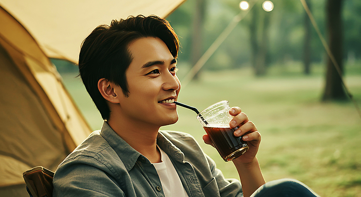 JPG 나무 편집이미지 남자 여유 자연 휴식 텐트 빨대 한명 미소 들기 앉기 상반신 성인 햇빛 캠핑 마시기 숲 힐링 아이스아메리카노 테이크아웃컵 의료성형뷰티 성인남자한명만 편집실사 AI인물포토 AI콘텐츠 식물 1 감정 컨셉 모션 레저 표정 캠핑도구 사람 컵 태양 CG 생태계 아메리카노 아이스커피 남자한명만 성인남자만 파일형식 AI포토