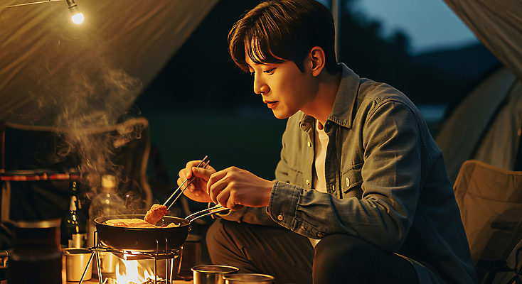 JPG 편집이미지 남자 음식 불 휴식 조명 텐트 요리 한명 들기 앉기 상반신 성인 어둠 캠핑 프라이팬 야간 수증기 버너 힐링 젓가락질 의료성형뷰티 성인남자한명만 캠핑의자 편집실사 AI인물포토 AI콘텐츠 자연요소 1 컨셉 의자 젓가락 모션 주방용품 레저 캠핑도구 사람 손짓 CG 남자한명만 성인남자만 파일형식 AI포토