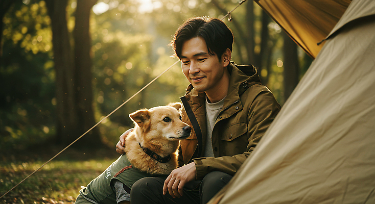 JPG 나무 편집이미지 한마리 남자 여유 휴식 텐트 한명 미소 앉기 성인 햇빛 캠핑 강아지 숲속 힐링 강아지옷 의료성형뷰티 성인남자한명만 쓰다듬기 편집실사 AI인물포토 AI콘텐츠 식물 1 감정 컨셉 모션 레저 표정 캠핑도구 사람 반려동물 태양 개 숲 CG 애견용품 남자한명만 성인남자만 파일형식 AI포토