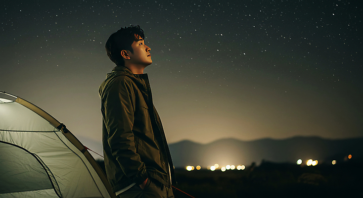 JPG 편집이미지 응시 남자 밤하늘 휴식 산 텐트 한명 상반신 성인 빛 어둠 캠핑 올려보기 야간 주머니손 보케 힐링 별보기 의료성형뷰티 성인남자한명만 편집실사 AI인물포토 AI콘텐츠 자연요소 1 시선 컨셉 모션 하늘 레저 캠핑도구 사람 CG 남자한명만 성인남자만 파일형식 AI포토