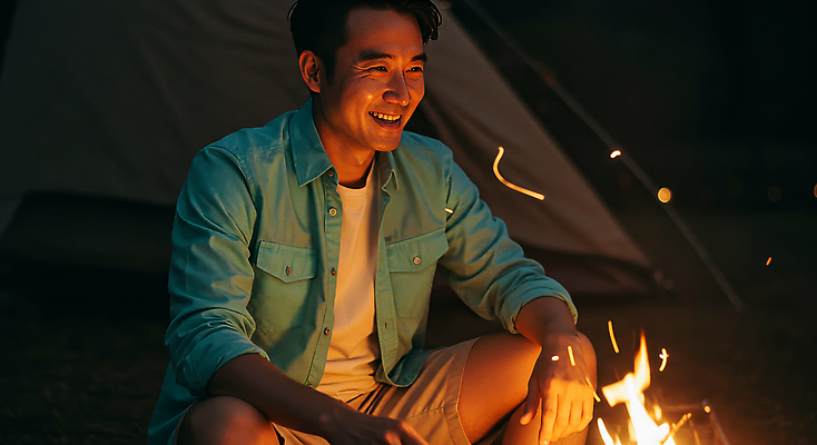 JPG 편집이미지 남자 휴식 텐트 한명 웃음 앉기 성인 어둠 캠핑 야간 모닥불 힐링 의료성형뷰티 성인남자한명만 편집실사 AI인물포토 AI콘텐츠 자연요소 1 컨셉 모션 불 레저 표정 캠핑도구 사람 CG 남자한명만 성인남자만 파일형식 AI포토