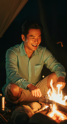 JPG 편집이미지 남자 휴식 텐트 한명 웃음 앉기 성인 어둠 캠핑 야간 모닥불 힐링 의료성형뷰티 성인남자한명만 편집실사 AI인물포토 AI콘텐츠 자연요소 1 컨셉 모션 불 레저 표정 캠핑도구 사람 CG 남자한명만 성인남자만 파일형식 AI포토