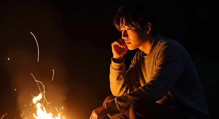 JPG 편집이미지 응시 남자 불꽃 휴식 한명 성인 어둠 턱괴기 캠핑 야간 모닥불 힐링 의료성형뷰티 성인남자한명만 편집실사 AI인물포토 AI콘텐츠 자연요소 1 시선 컨셉 모션 불 레저 사람 CG 남자한명만 성인남자만 파일형식 AI포토