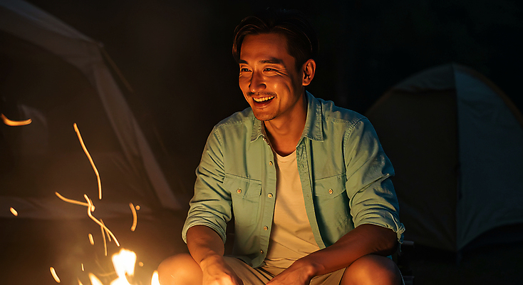 JPG 편집이미지 남자 불꽃 휴식 한명 웃음 앉기 상반신 성인 어둠 캠핑 야간 모닥불 힐링 의료성형뷰티 성인남자한명만 편집실사 AI인물포토 AI콘텐츠 자연요소 1 컨셉 모션 불 레저 표정 사람 CG 남자한명만 성인남자만 파일형식 AI포토