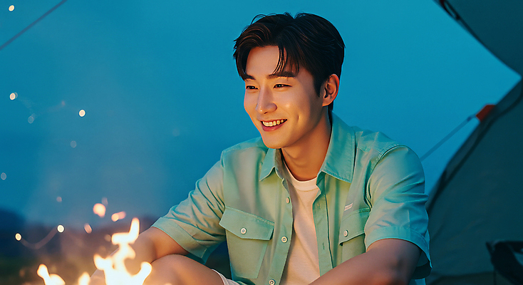 JPG 편집이미지 남자 여유 하늘 불꽃 휴식 텐트 한명 미소 앉기 상반신 성인 파란색 캠핑 모닥불 힐링 의료성형뷰티 성인남자한명만 편집실사 AI인물포토 AI콘텐츠 1 감정 컬러 컨셉 모션 불 레저 표정 캠핑도구 사람 CG 남자한명만 성인남자만 파일형식 AI포토