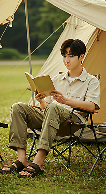 JPG 전신 편집이미지 남자 여유 자연 휴식 텐트 한명 미소 들기 앉기 잔디 성인 책 독서 캠핑 힐링 의료성형뷰티 성인남자한명만 캠핑의자 편집실사 AI인물포토 AI콘텐츠 식물 1 감정 컨셉 의자 모션 레저 표정 캠핑도구 사람 CG 생태계 남자한명만 성인남자만 파일형식 AI포토