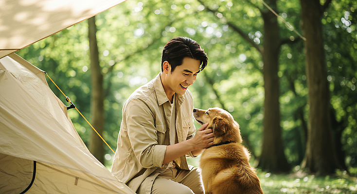JPG 나무 편집이미지 한마리 남자 반려견 여유 자연 휴식 텐트 한명 미소 앉기 성인 캠핑 강아지 숲속 힐링 의료성형뷰티 성인남자한명만 쓰다듬기 편집실사 AI인물포토 AI콘텐츠 식물 1 감정 컨셉 모션 레저 표정 캠핑도구 사람 반려동물 개 숲 CG 생태계 남자한명만 성인남자만 파일형식 AI포토