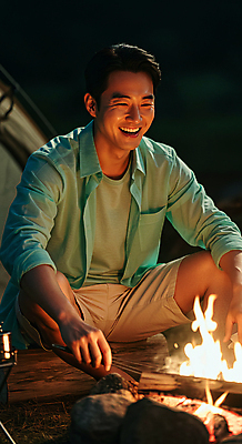 JPG 편집이미지 남자 휴식 집게 한명 웃음 들기 앉기 성인 어둠 캠핑 야간 모닥불 힐링 나무토막 의료성형뷰티 성인남자한명만 편집실사 AI인물포토 AI콘텐츠 자연요소 1 컨셉 모션 불 레저 표정 사람 CG 남자한명만 성인남자만 파일형식 AI포토