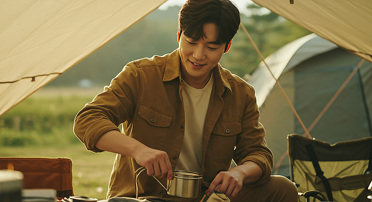 JPG 편집이미지 그릇 남자 여유 자연 휴식 텐트 한명 미소 들기 상반신 성인 햇빛 캠핑 힐링 의료성형뷰티 성인남자한명만 캠핑의자 편집실사 AI인물포토 AI콘텐츠 1 식기 감정 컨셉 의자 모션 레저 표정 캠핑도구 사람 태양 CG 생태계 남자한명만 성인남자만 파일형식 AI포토