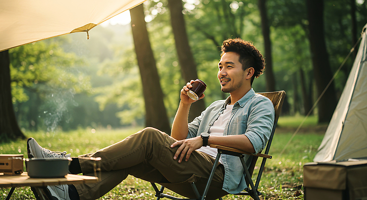 JPG 전신 편집이미지 남자 여유 자연 탁자 휴식 텐트 한명 미소 들기 앉기 잔디 성인 햇빛 캠핑 숲속 힐링 캔맥주 다리들기 캔음료 의료성형뷰티 성인남자한명만 캠핑의자 편집실사 AI인물포토 AI콘텐츠 식물 1 감정 음료 가구 컨셉 의자 모션 레저 맥주 표정 캠핑도구 사람 태양 캔 숲 CG 생태계 남자한명만 성인남자만 파일형식 AI포토