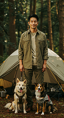 JPG 전신 나무 편집이미지 남자 여유 두마리 자연 휴식 텐트 한명 미소 성인 캠핑 잡기 강아지 숲속 힐링 목줄 강아지옷 의료성형뷰티 성인남자한명만 캠핑의자 편집실사 AI인물포토 AI콘텐츠 식물 1 감정 컨셉 2 의자 모션 레저 표정 캠핑도구 사람 반려동물 개 숲 CG 생태계 애견용품 남자한명만 성인남자만 파일형식 반려용품 AI포토