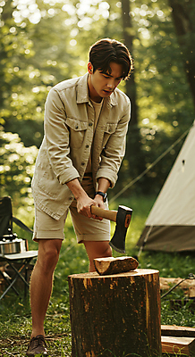 JPG 전신 편집이미지 남자 자연 휴식 텐트 한명 들기 성인 햇빛 캠핑 숲속 장작 집중 힐링 도끼 나무토막 나무밑둥 의료성형뷰티 성인남자한명만 편집실사 AI인물포토 AI콘텐츠 나무 1 컨셉 모션 레저 캠핑도구 사람 태양 숲 CG 생태계 남자한명만 성인남자만 파일형식 AI포토