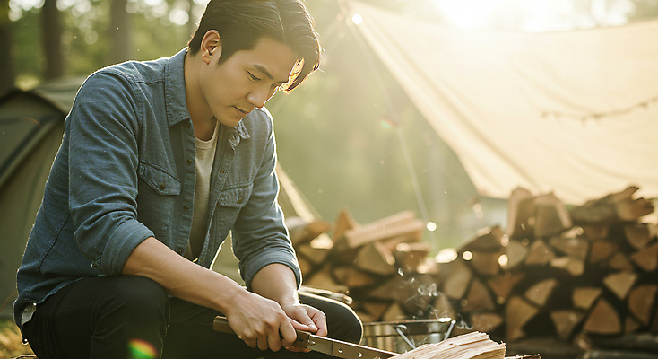 JPG 편집이미지 남자 자연 휴식 텐트 한명 들기 앉기 성인 햇빛 캠핑 칼 장작 자르기 힐링 나무토막 웅크림 의료성형뷰티 성인남자한명만 편집실사 AI인물포토 AI콘텐츠 1 컨셉 모션 레저 캠핑도구 사람 태양 CG 생태계 남자한명만 성인남자만 파일형식 AI포토