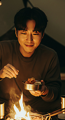 JPG 편집이미지 남자 여유 음식 불 휴식 텐트 한명 미소 들기 상반신 성인 손들기 어둠 캠핑 야간 힐링 화로 앞접시 의료성형뷰티 성인남자한명만 편집실사 AI인물포토 AI콘텐츠 자연요소 1 그릇 접시 감정 컨셉 모션 레저 표정 캠핑도구 사람 CG 남자한명만 성인남자만 파일형식 AI포토