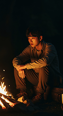 JPG 전신 편집이미지 응시 남자 휴식 한명 앉기 성인 어둠 캠핑 야간 모닥불 힐링 웅크림 의료성형뷰티 성인남자한명만 편집실사 AI인물포토 AI콘텐츠 자연요소 1 시선 컨셉 모션 불 레저 사람 CG 남자한명만 성인남자만 파일형식 AI포토