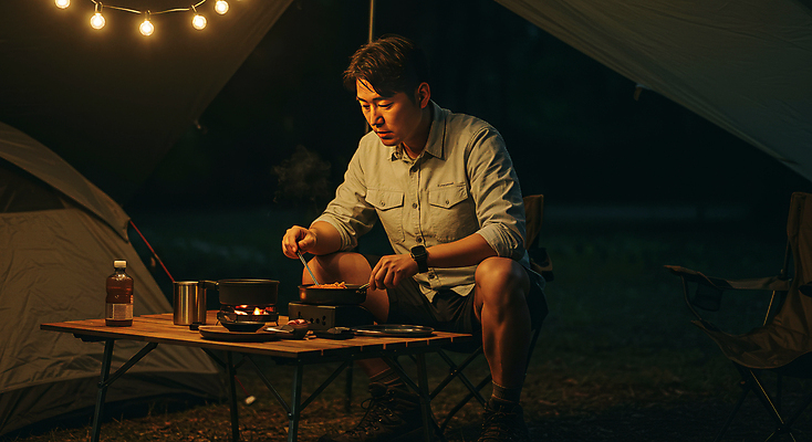 JPG 전신 편집이미지 남자 음료 탁자 휴식 텐트 요리 한명 들기 앉기 성인 어둠 캠핑 잡기 야간 힐링 알전구 의료성형뷰티 성인남자한명만 편집실사 AI인물포토 AI콘텐츠 자연요소 1 가구 컨셉 전구 모션 레저 캠핑도구 사람 CG 남자한명만 성인남자만 파일형식 AI포토