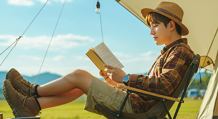 JPG 전신 구름 편집이미지 남자 여유 자연 하늘 레저 휴식 산 텐트 한명 미소 들기 앉기 잔디 성인 책 독서 햇빛 기댐 캠핑 힐링 챙모자 의료성형뷰티 성인남자한명만 캠핑의자 편집실사 AI인물포토 AI콘텐츠 자연요소 식물 모자_잡화 1 감정 컨셉 의자 모션 표정 캠핑도구 사람 태양 CG 생태계 남자한명만 성인남자만 파일형식 AI포토